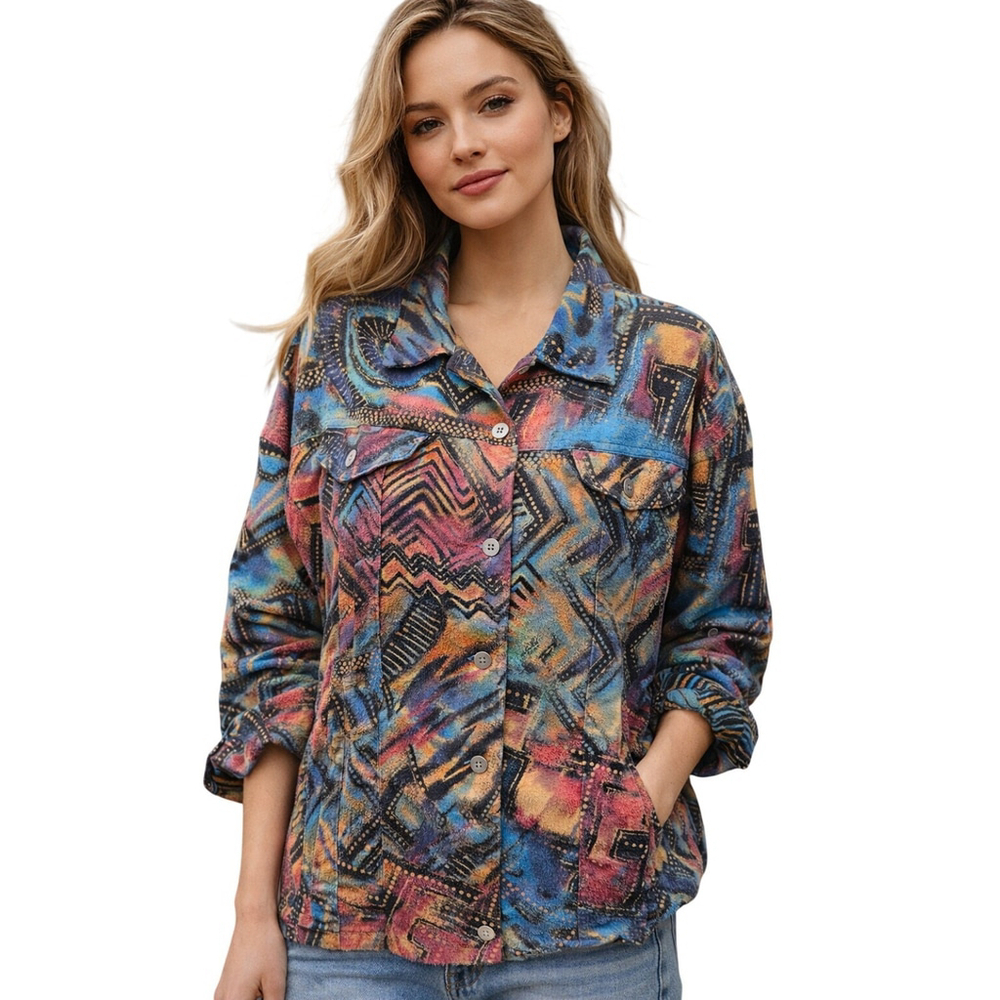 Chicos Tie Dye Shacket Gold Buttons Long Sleeve XL